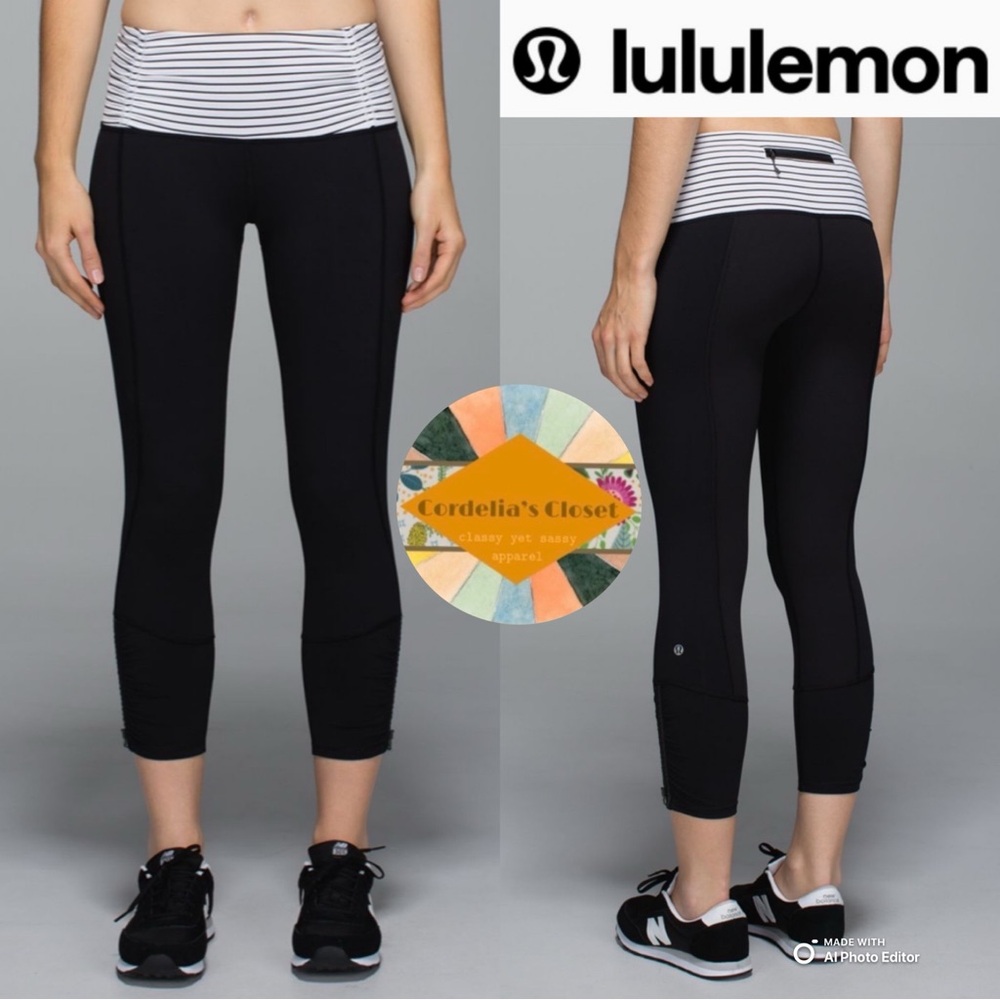 ❌SOLD!❌#119 $88 Lululemon Runday Crop Leggings Black/Parallel Stripe White Black